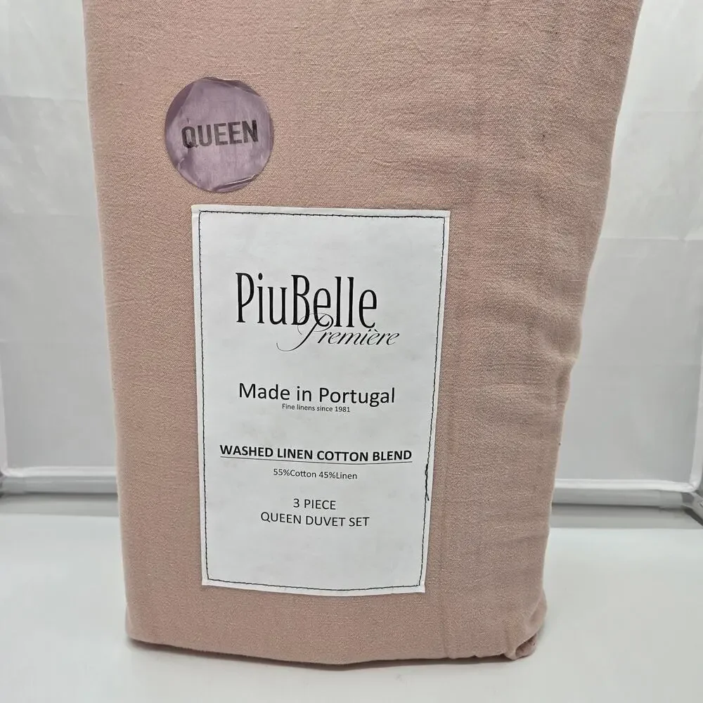 3-pc PiuBelle Linen Blend QUEEN Size Duvet Cover Set Light Peach Shabby Chic NEW